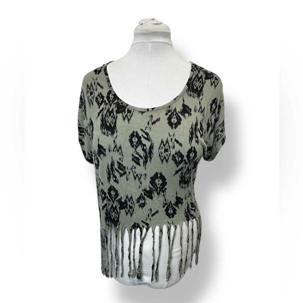 Sans Souci Womens Short Sleeve Fringe Hem Boho Grunge Western Top Olive Black M